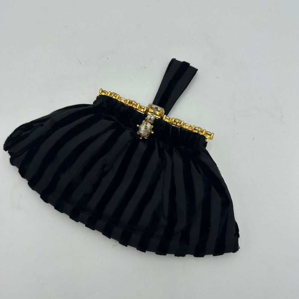 Vintage Lujean MCM Black Striped Velvet Satin Evening Clutch Faux Pearl Elegant